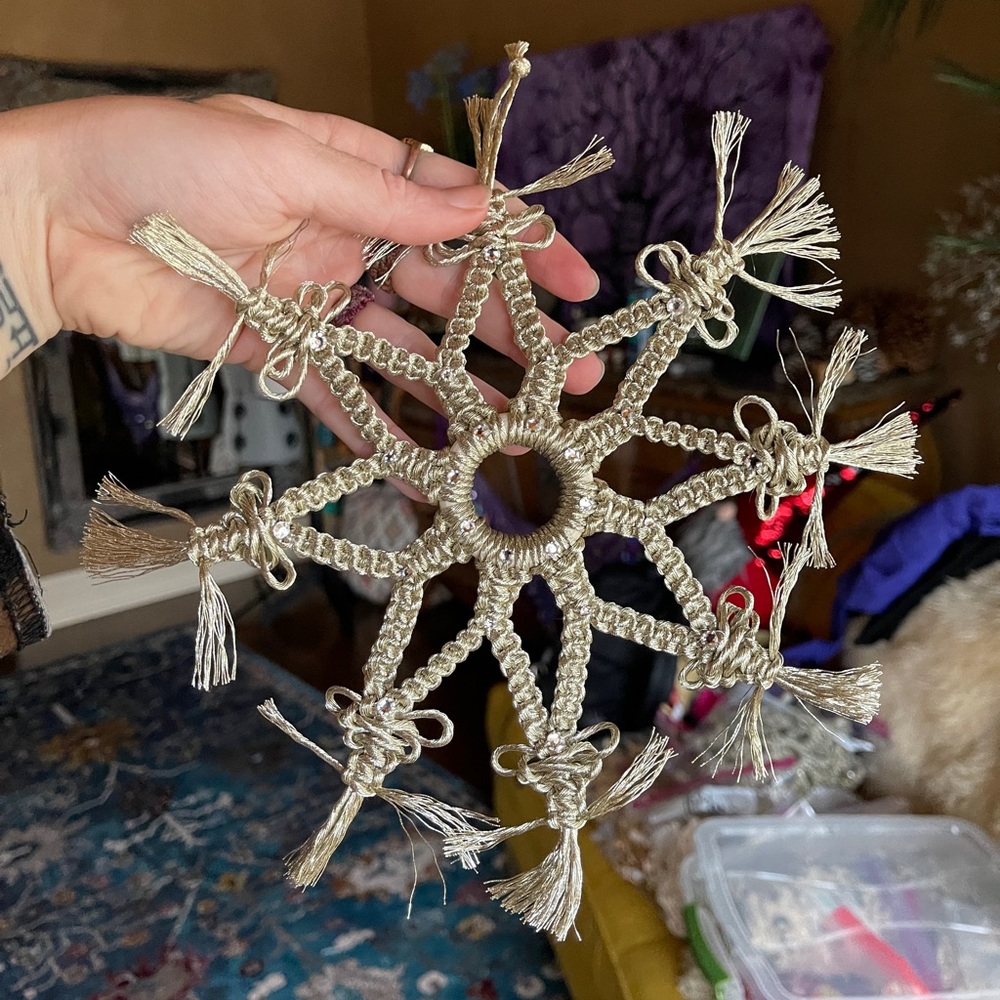 Handmade Macramé Metallic Silver Snowflake